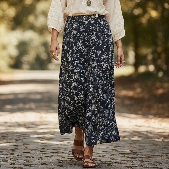 Hunt Club Dresses & Skirts - Vtg Navy Blue Ditsy Floral Maxi Skirt Cottagecore Boho Fits Sz 6 Flowy 90s
